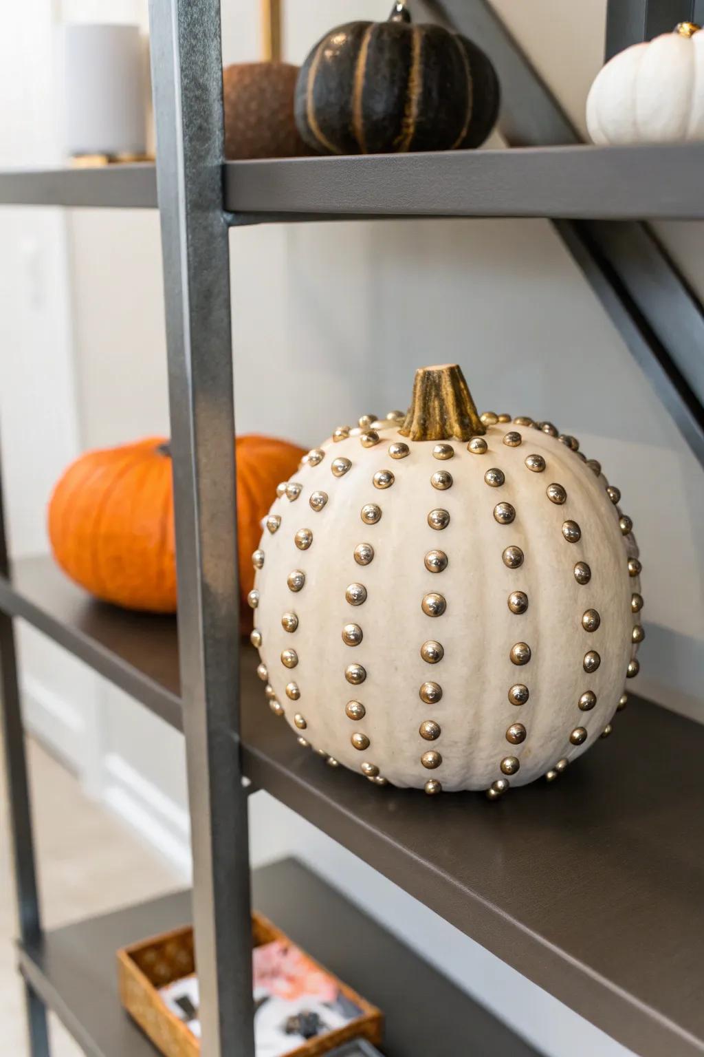 A studded pumpkin adding an edgy flair to home dÃ©cor.