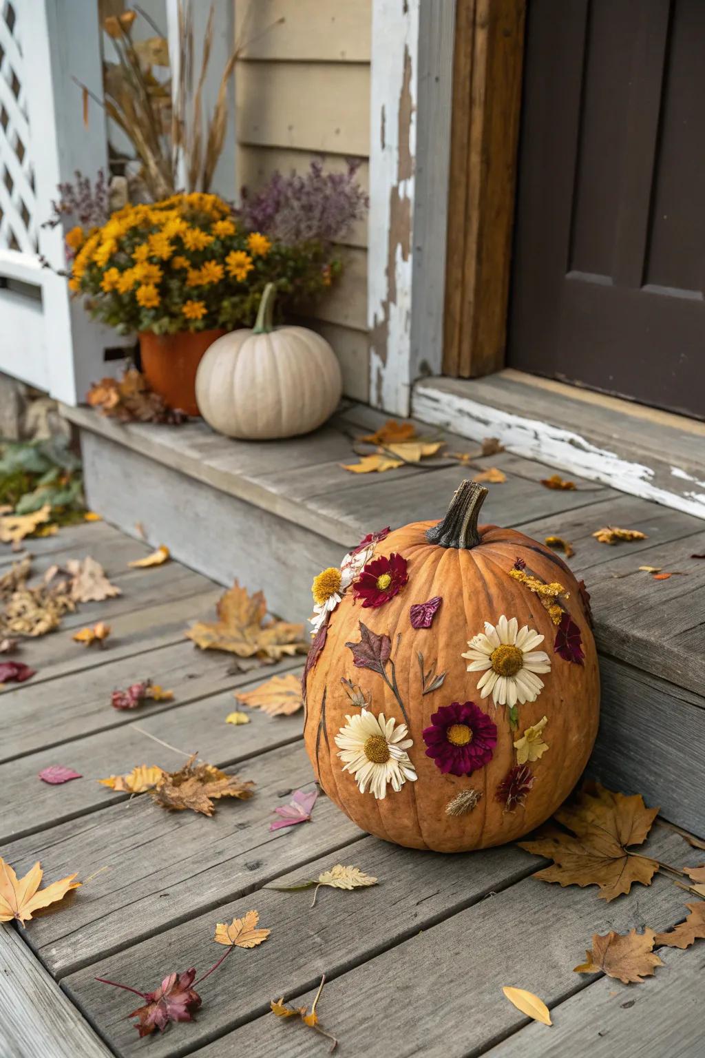 A pumpkin adorned with dried flowers, bringing a touch of spring to autumn dÃ©cor.