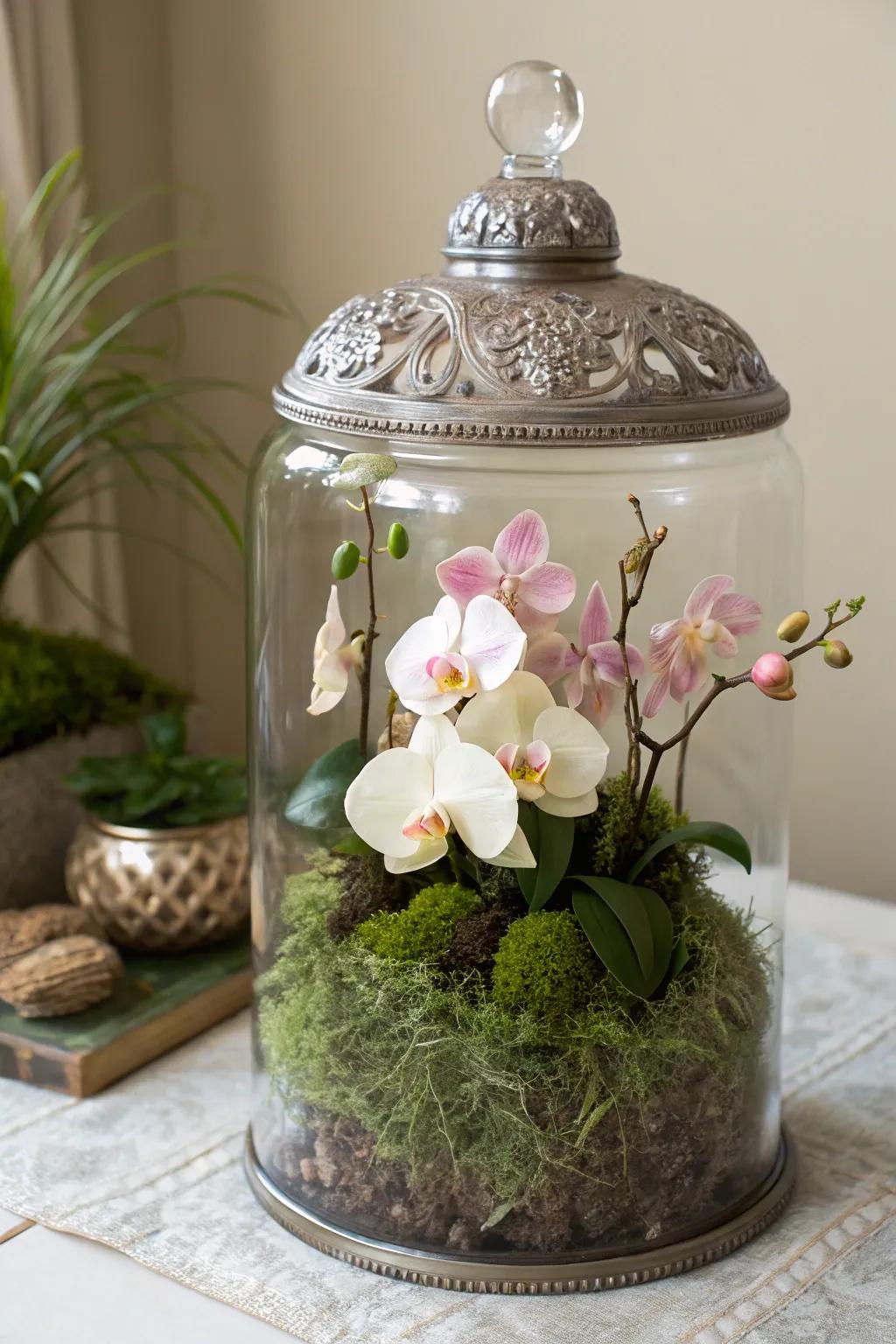 Embrace nostalgia with this elegant orchid terrarium in a vintage apothecary jar.