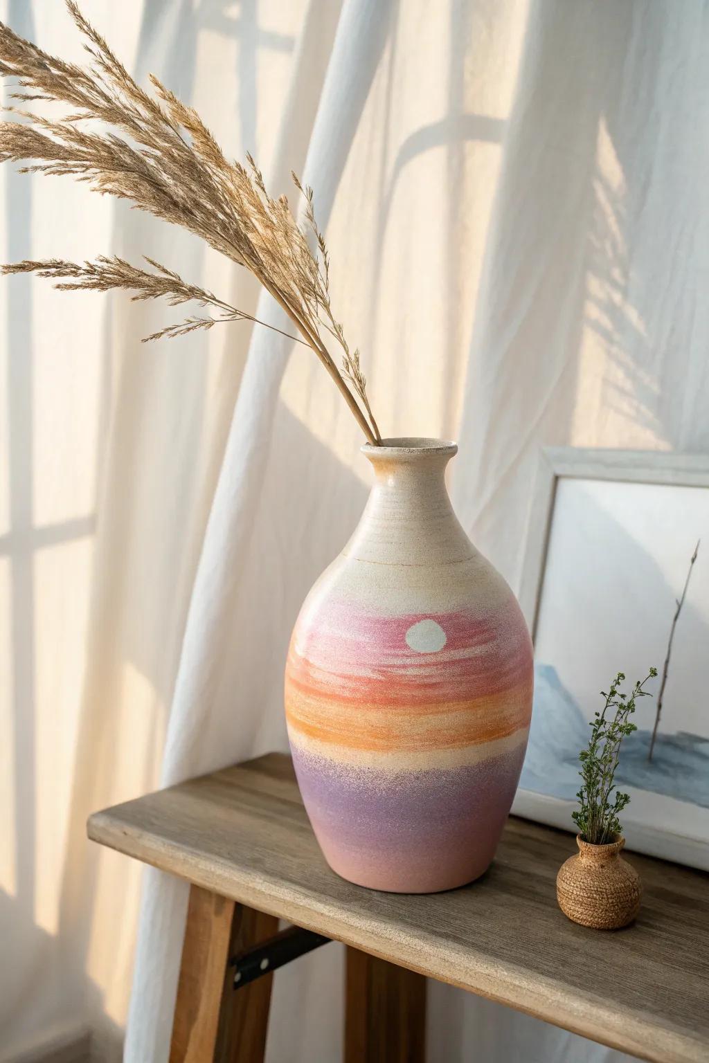Capture the serenity of a radiant sunset with this artisanal pastel vase, where craftsmanship meets natural beauty.