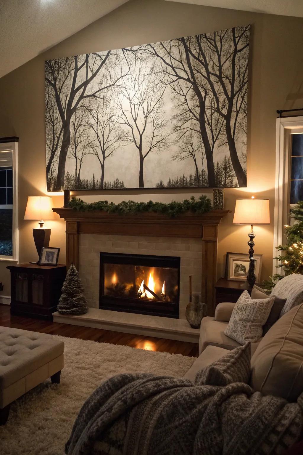 A serene black and white painting of barren winter trees above a fireplace.