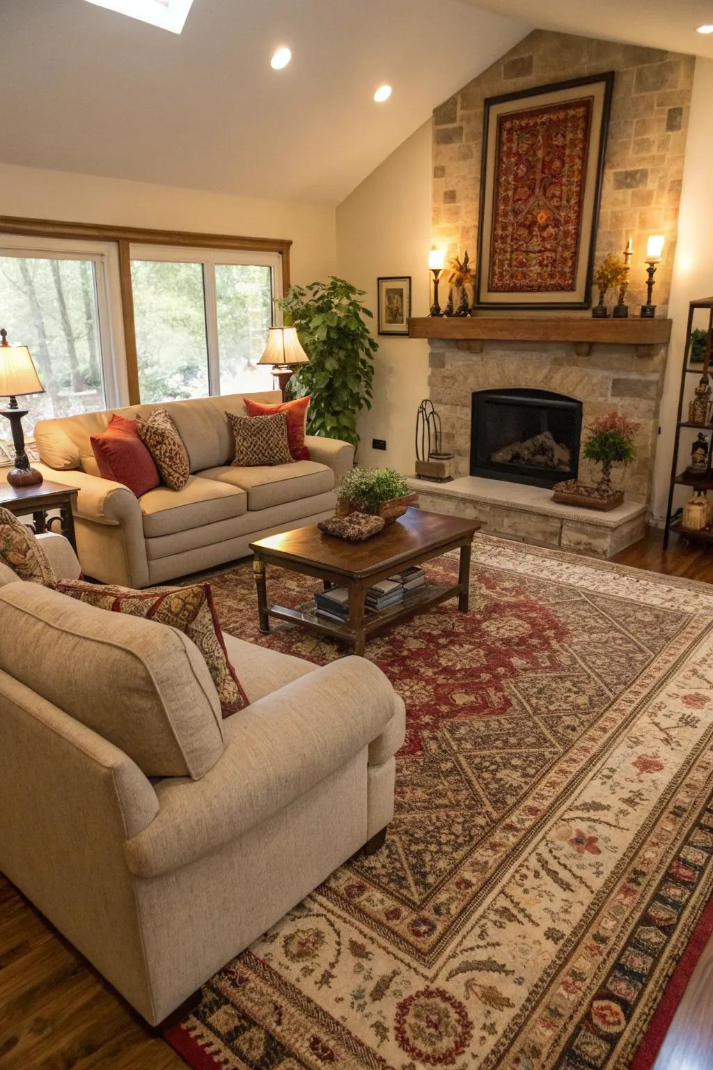Layered rugs create a cozy and defined living room space.