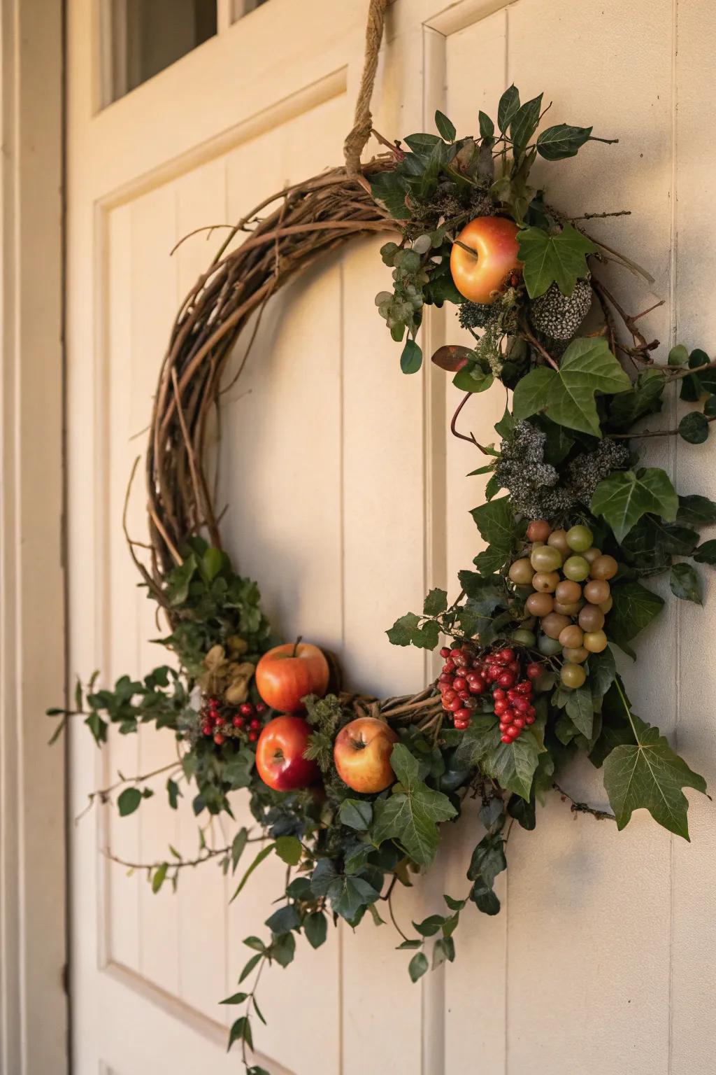 Celebrate the harvest season with a beautifully crafted fruit and vine wreath, embodying minimalist elegance and natural charm.