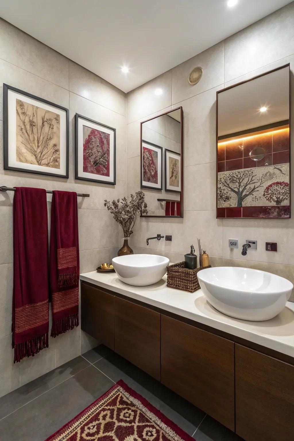 Modern art with maroon tones adds a contemporary touch to the bathroom.