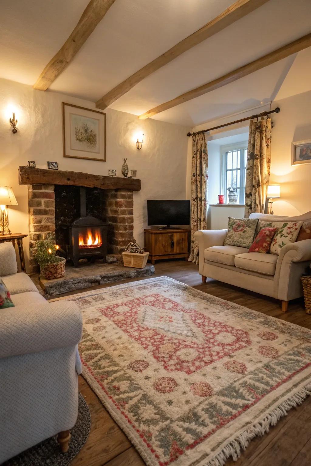 A soft rug adds warmth and texture to the fireplace area.