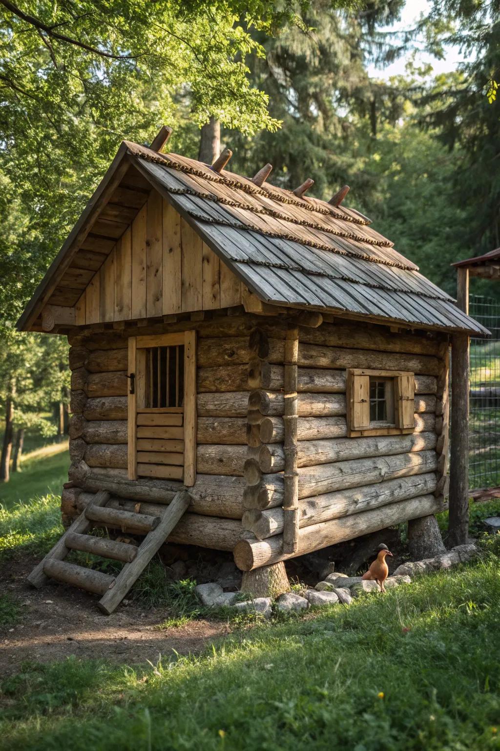 Embrace rustic elegance with a log cabin-inspired chicken coop, blending seamlessly into nature.