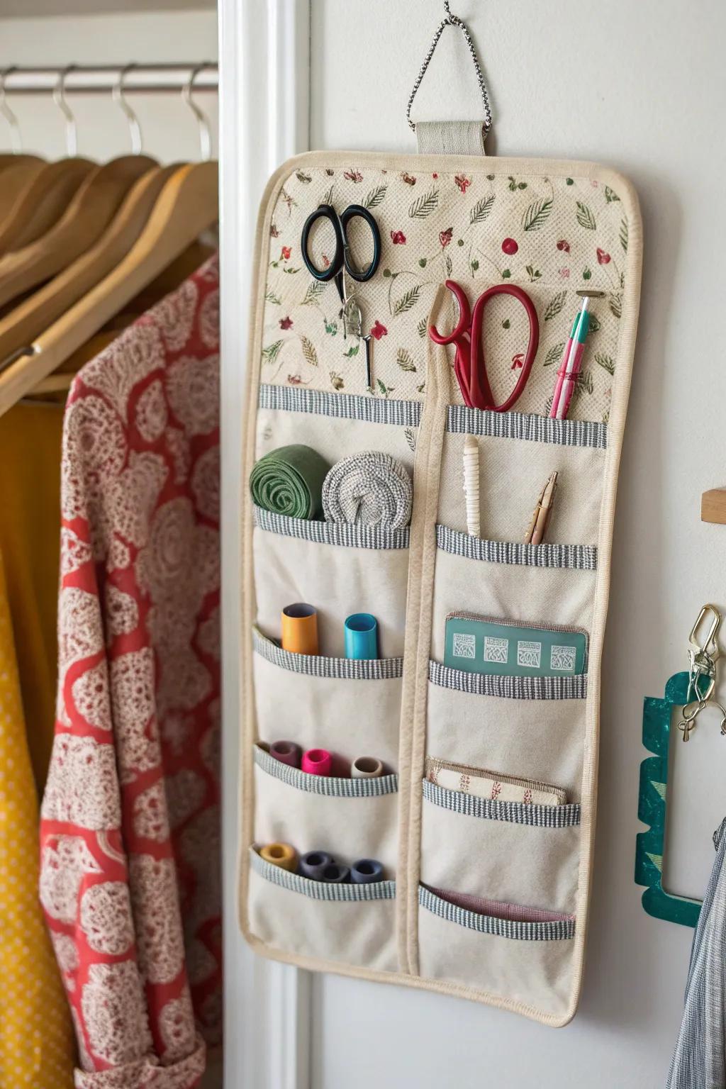 Hanging jewelry holder used to store sewing machine accessories.