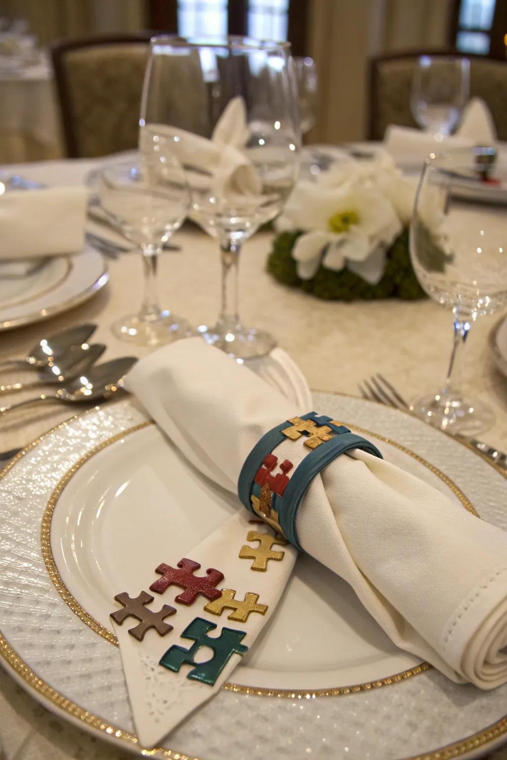 Puzzle piece napkin rings add a touch of charm to your table settings.
