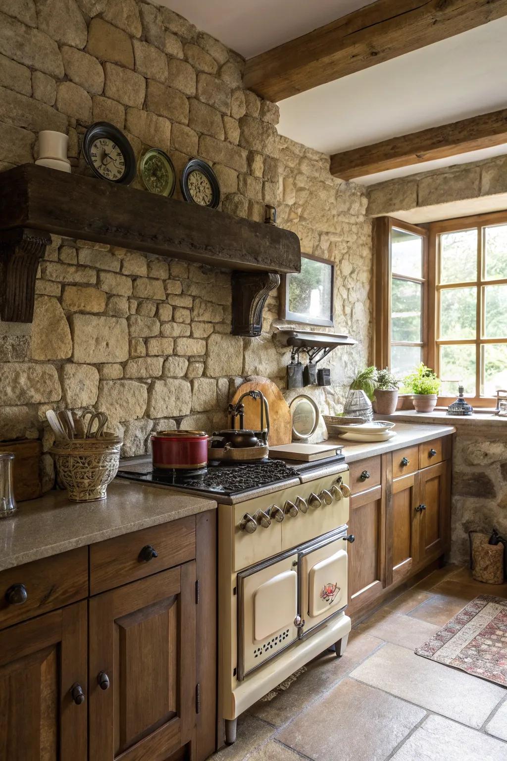 Warm stone backsplash complements the vintage decor in this farmhouse kitchen.