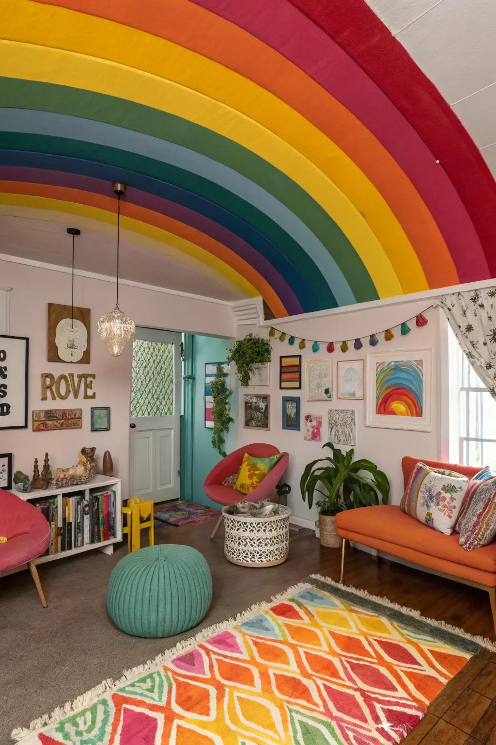 A rainbow ceiling adds a surprising element of color.
