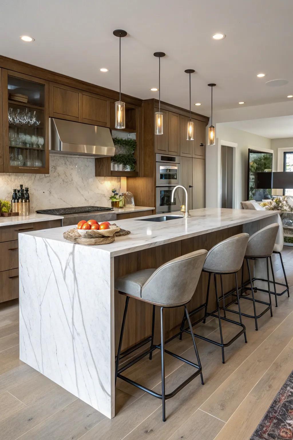 A versatile kitchen island with seating, ideal for social cooking.