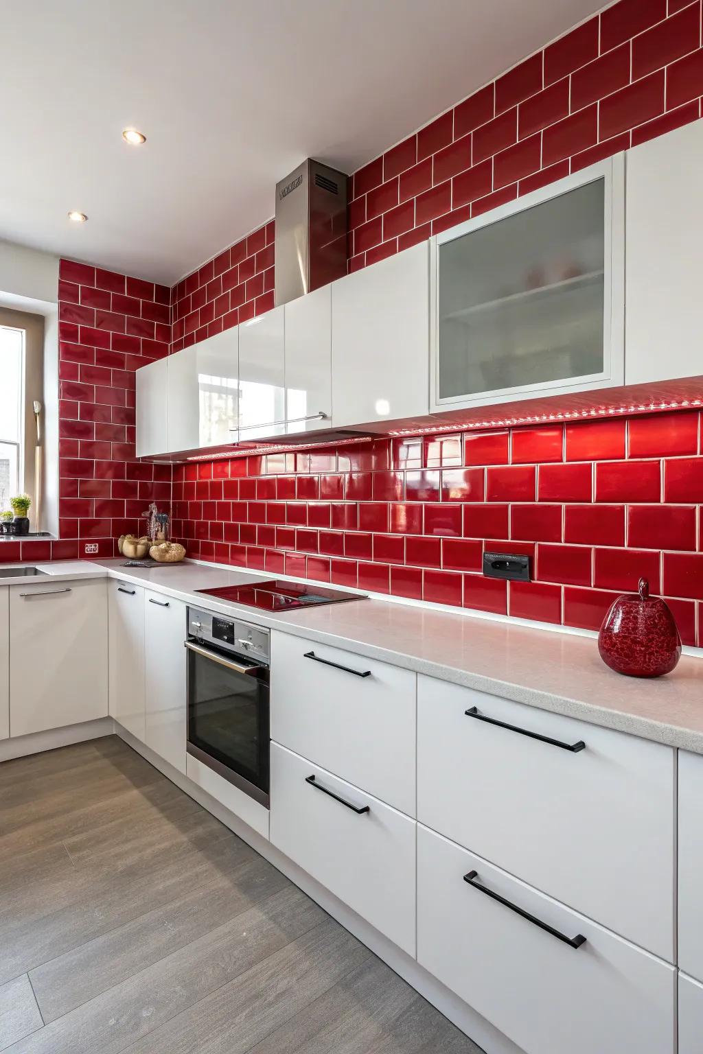 A glossy red backsplash adds depth and texture to a minimalist kitchen.