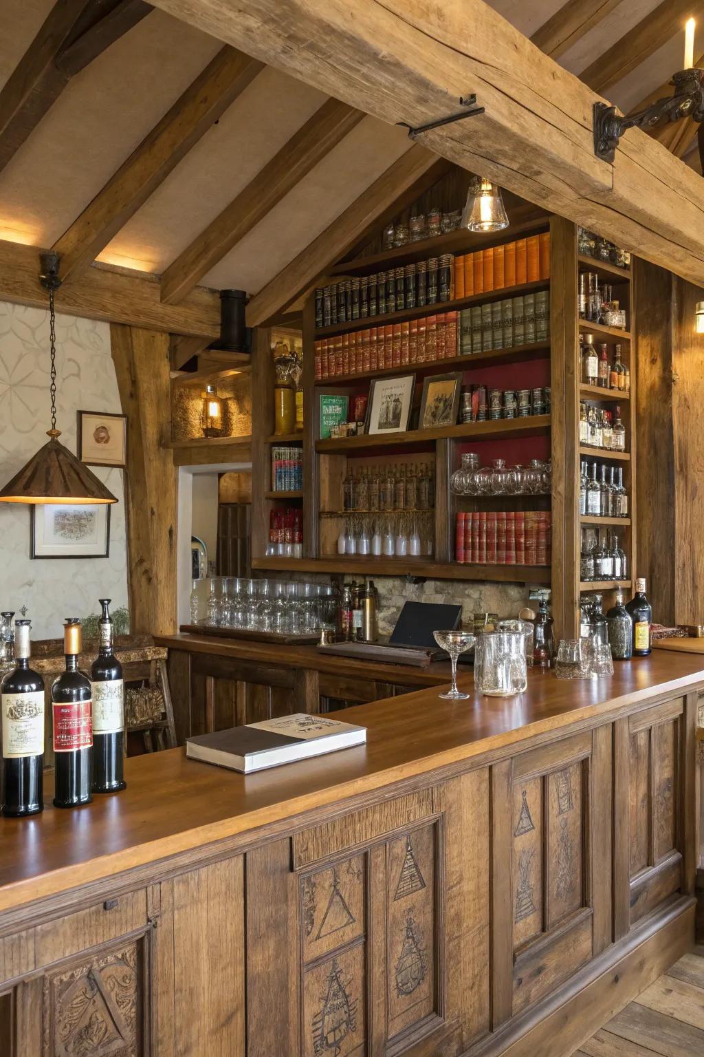 Rustic elements create a warm and inviting home bar atmosphere.