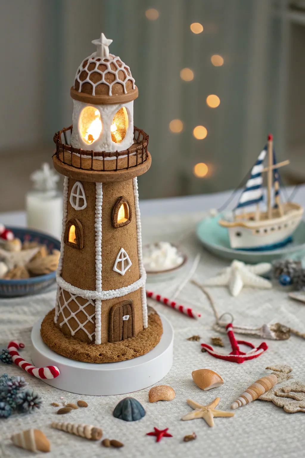 A gingerbread lighthouse, casting a warm glow and adding a nautical twist to your holiday decor.