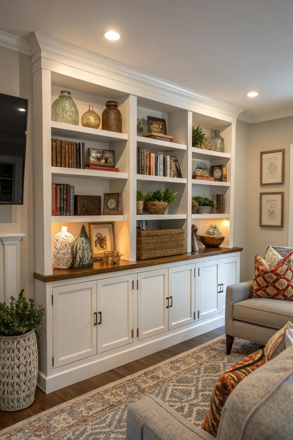 A living room with built-in shelves showcasing decor.