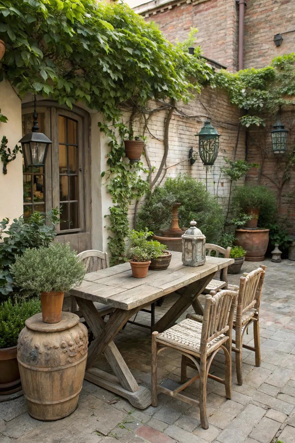 Rustic elements add charm and warmth to this courtyard patio.