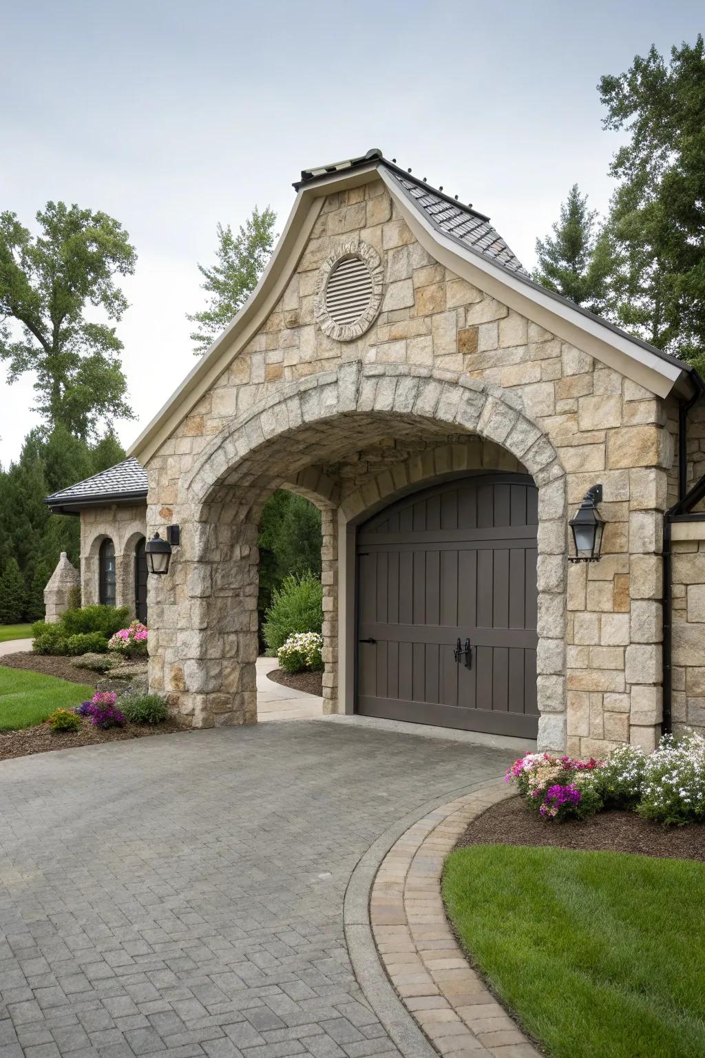 A stone archway adds elegance to this garage entrance.