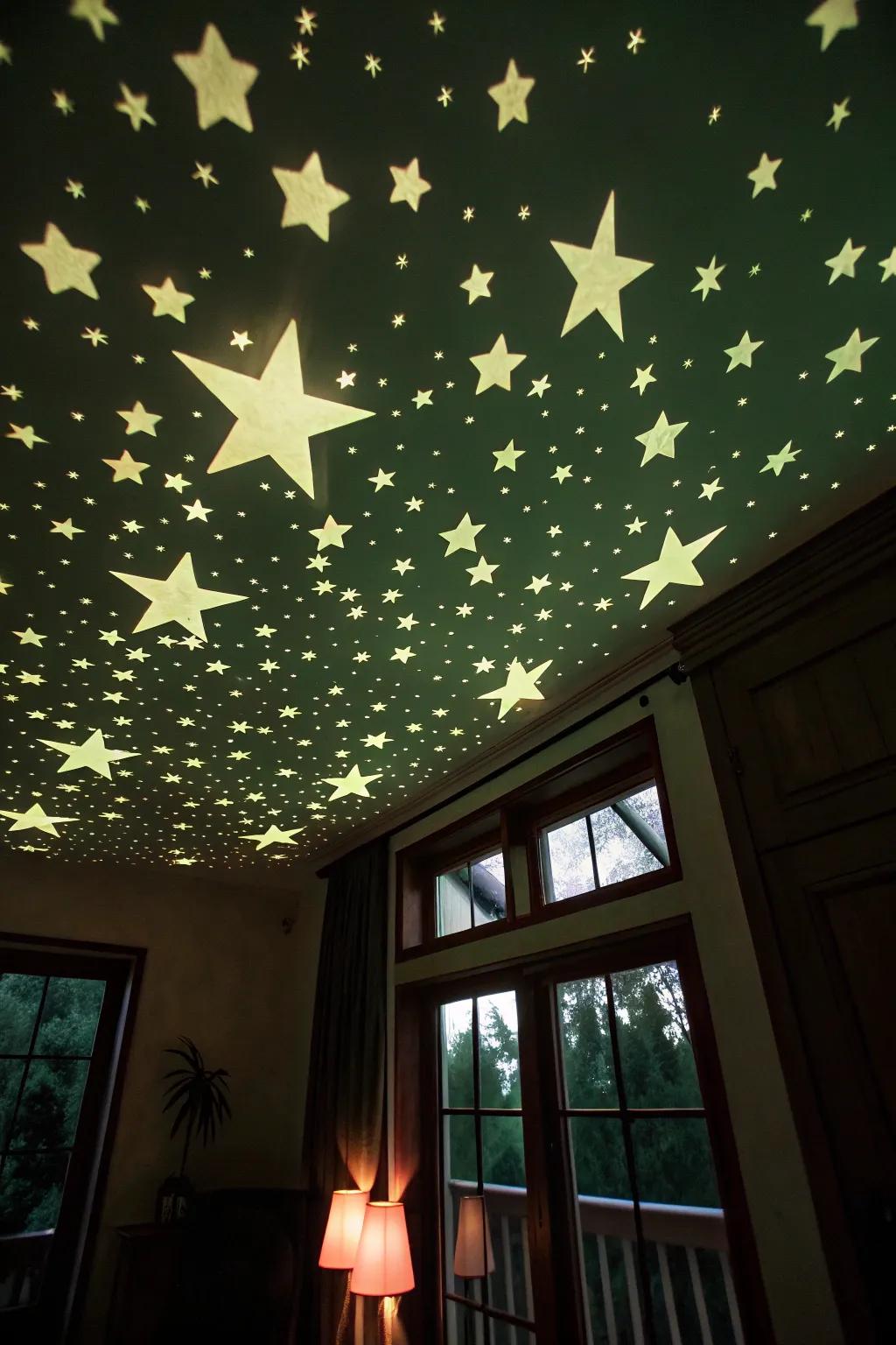 Glow-in-the-dark stars create a whimsical starry night.