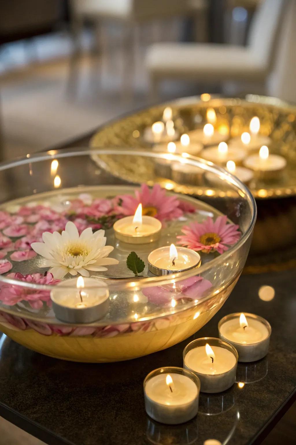 A sophisticated floating candle centerpiece.