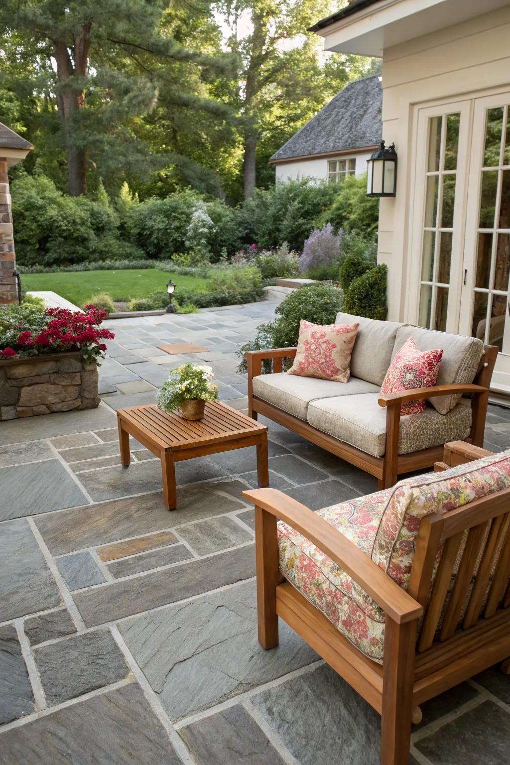 A blend of textures adds depth to this courtyard patio design.