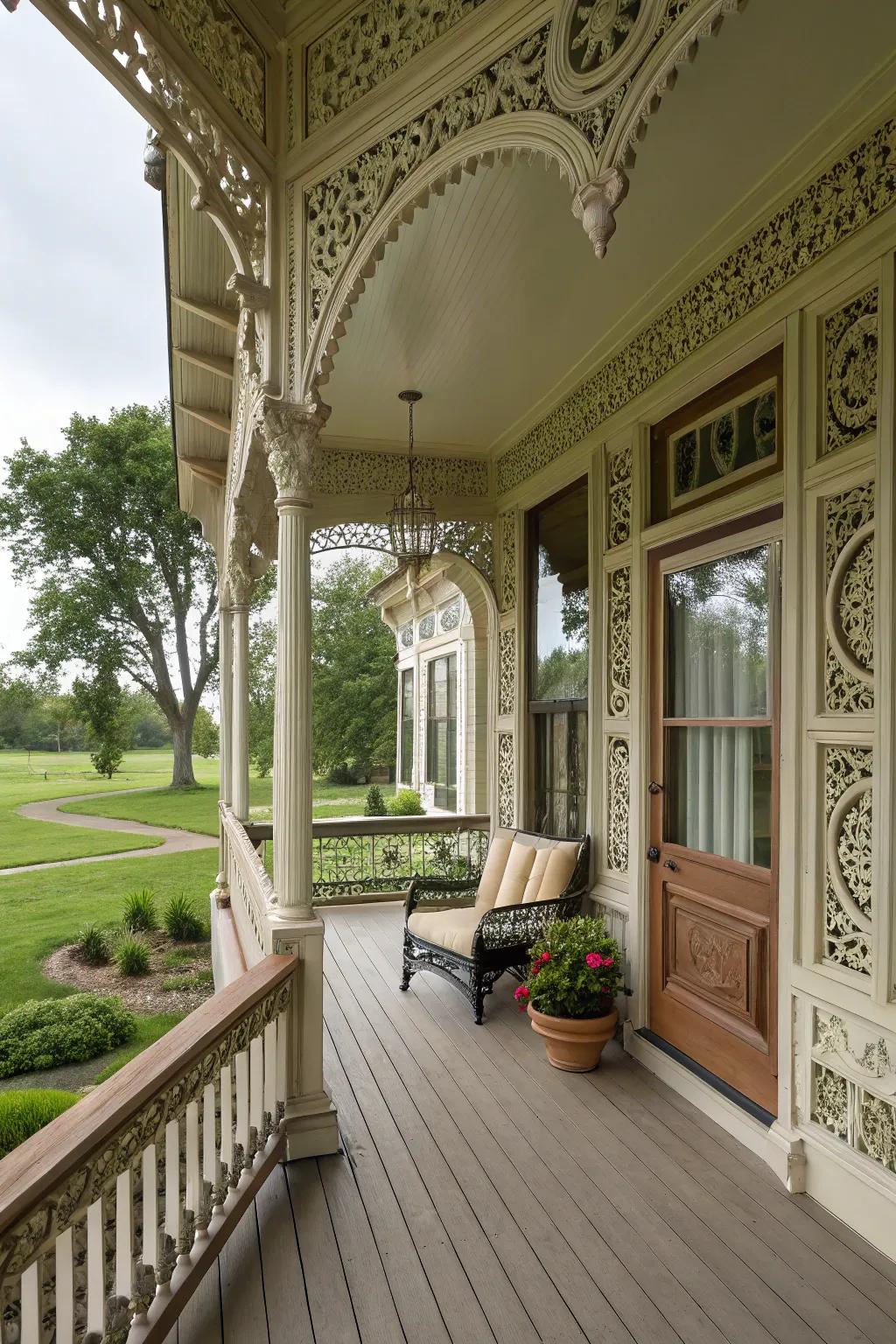 Decorative moldings add elegance to the colonial porch.