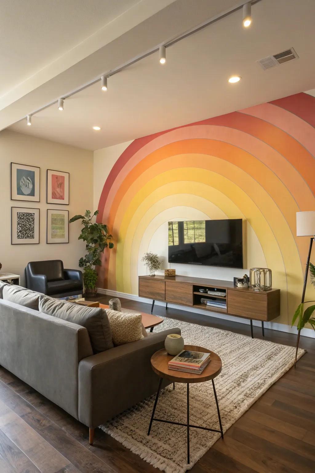 An ombre rainbow wall provides a subtle yet colorful backdrop.