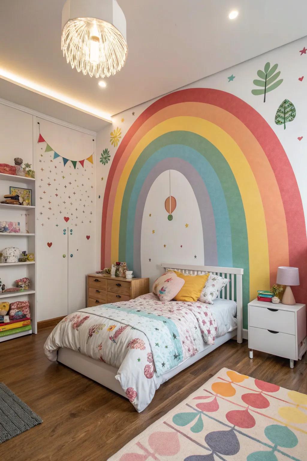 A rainbow mural brings joy and creativity to any child's room.