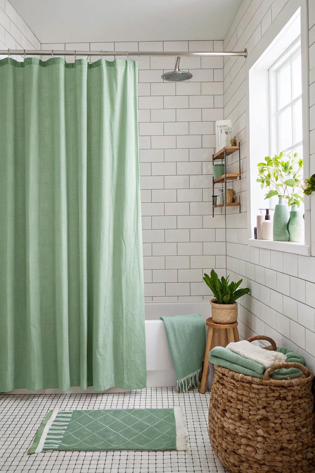 A sage green shower curtain brings a refreshing pop of color.