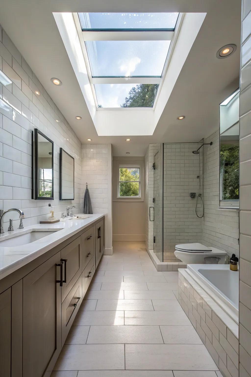 A skylight brings natural light into a long bathroom.