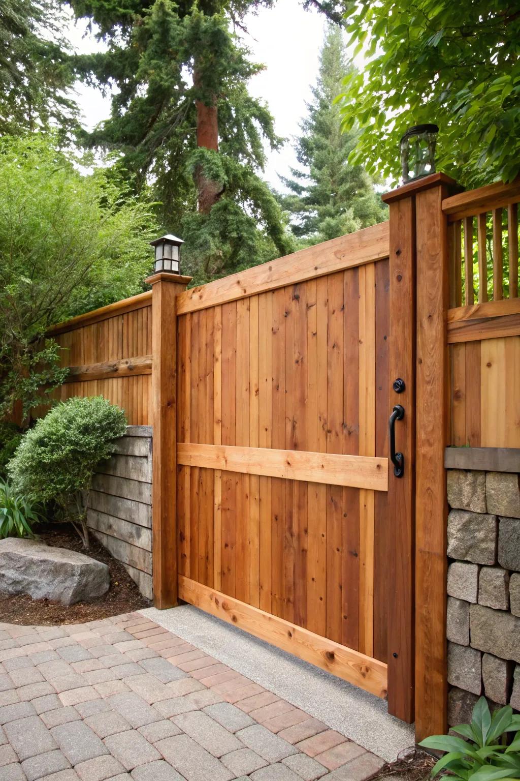 Bold and rustic: A wide plank cedar gate that seamlessly blends craftsmanship with nature.