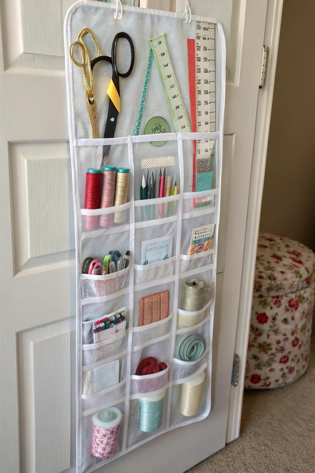 Shoe organizer creatively storing quilting accessories for easy access.