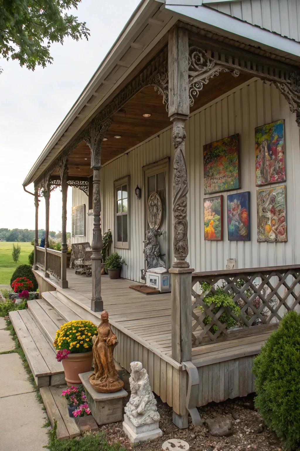 Artistic elements make the porch a creative retreat.