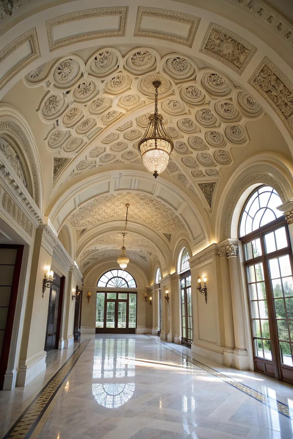 Arched designs in a coffered ceiling add elegance and depth.