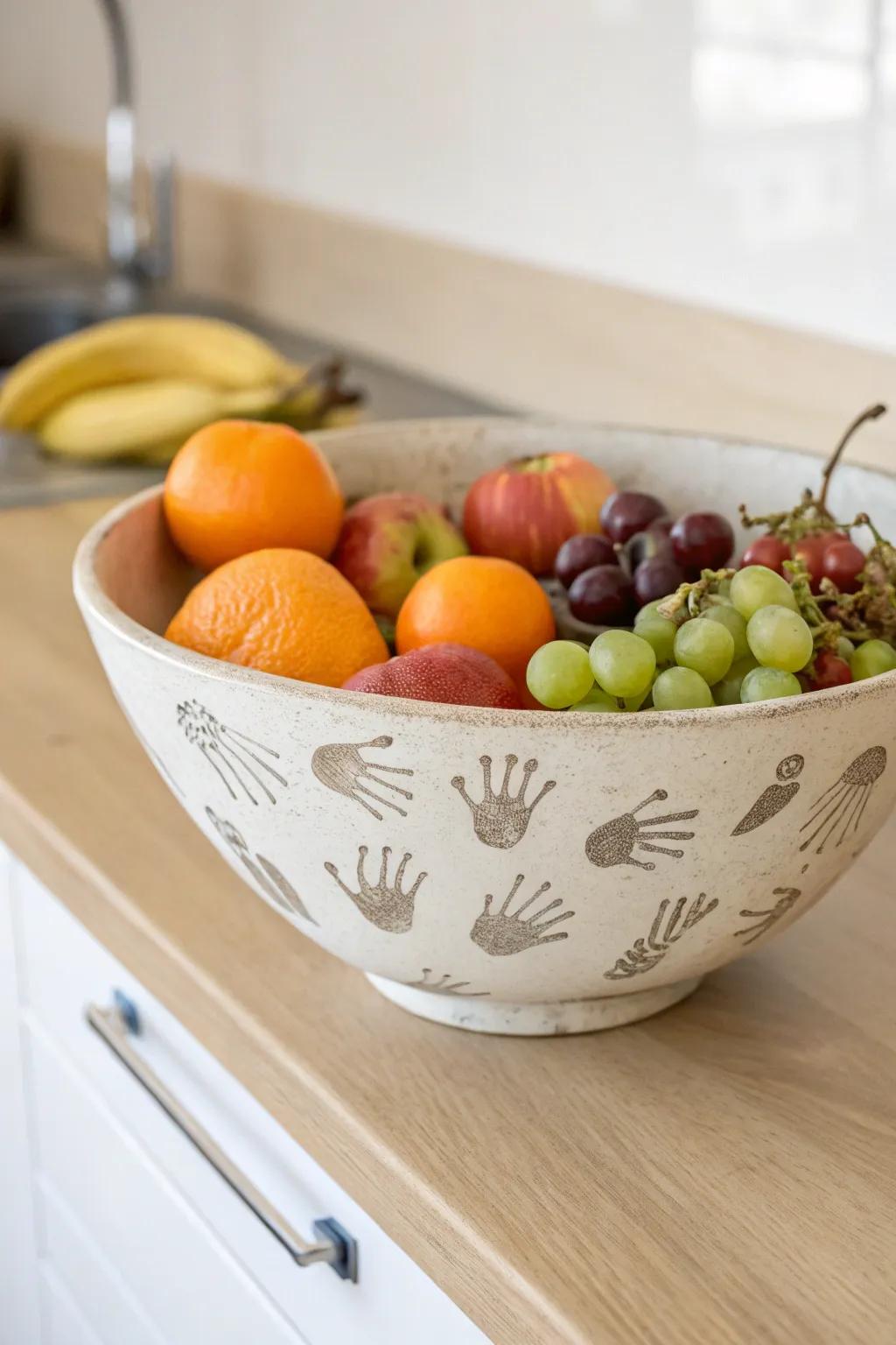 Elevate your kitchen decor with a handprint fruit bowl that blends artistry and functionality.