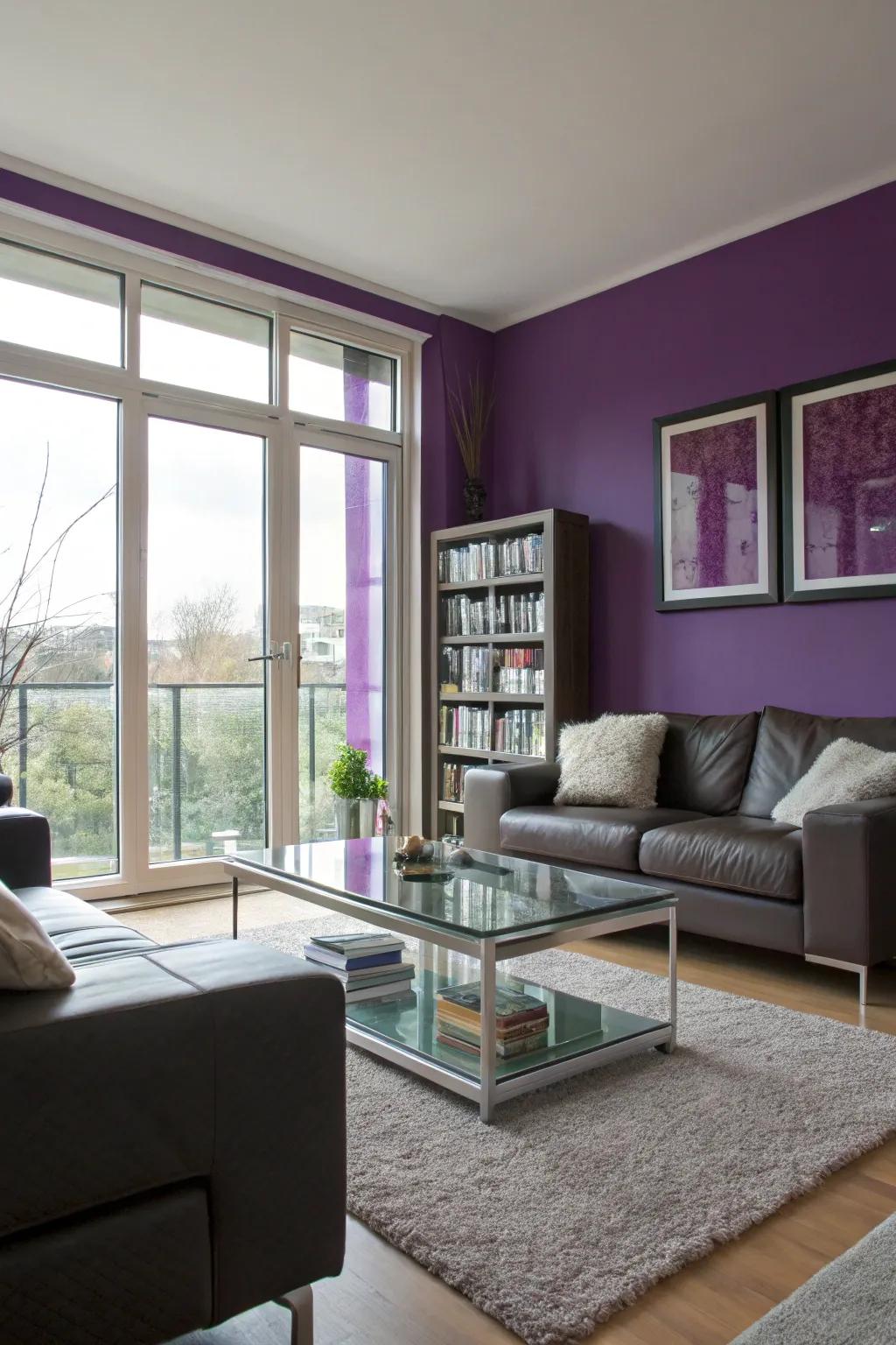 A purple accent wall creating a focal point in the living room.