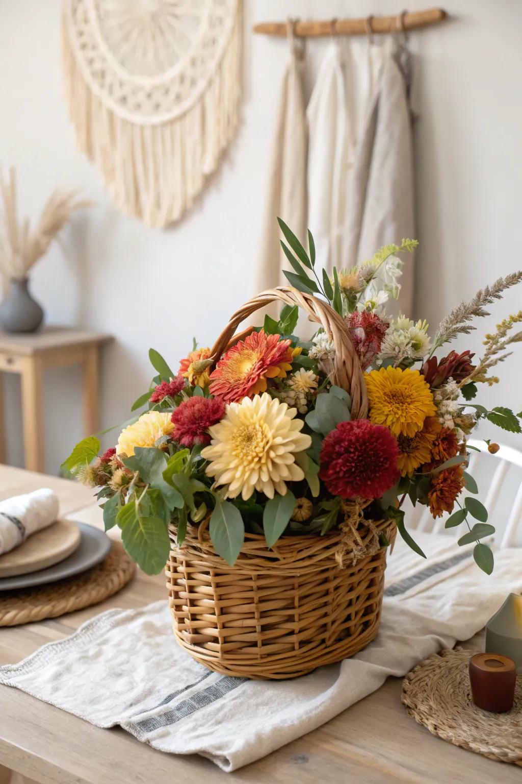Embrace the charm of autumn with a wicker basket centerpiece, where rustic meets elegance.