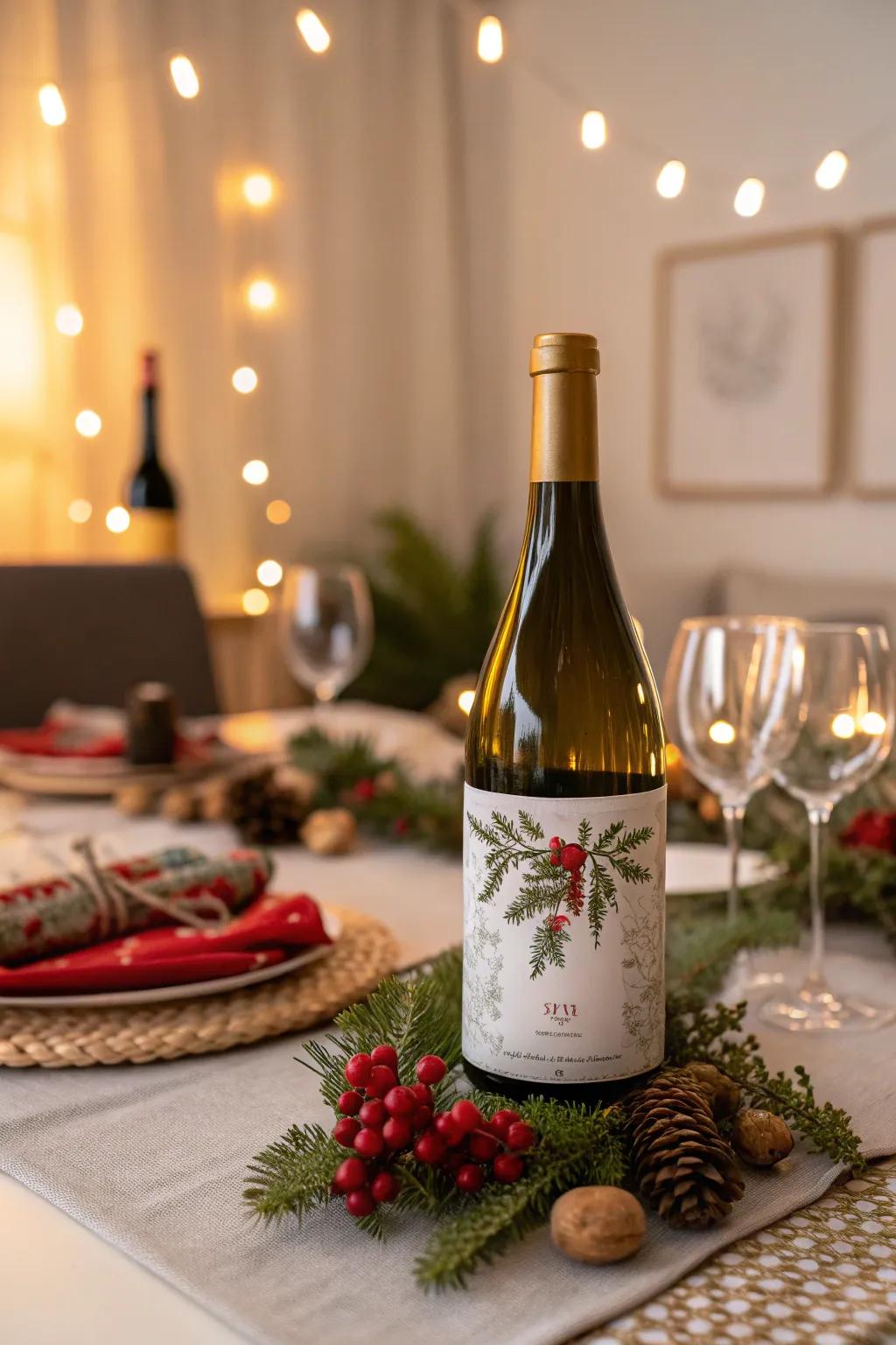 A wine bottle with a customized label, offering a touch of elegance and personalization.