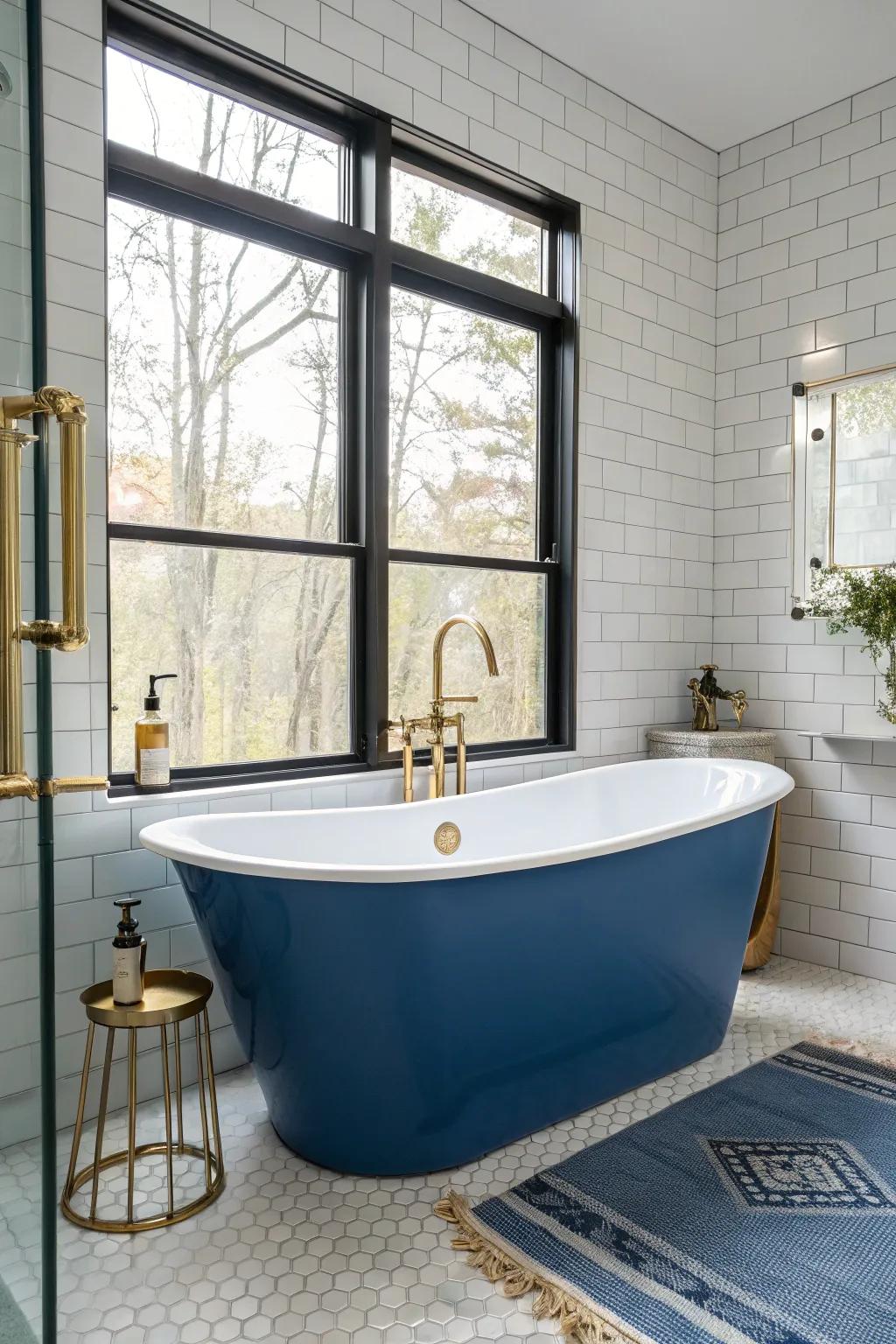 A blue bathtub as a stunning centerpiece in the bathroom.