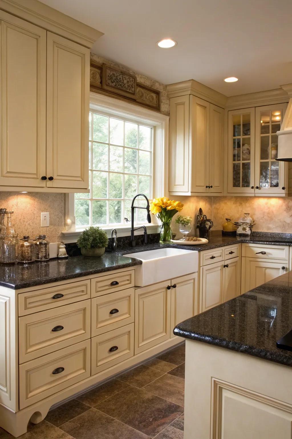 Dark countertops enhance the elegance of cream cabinets.