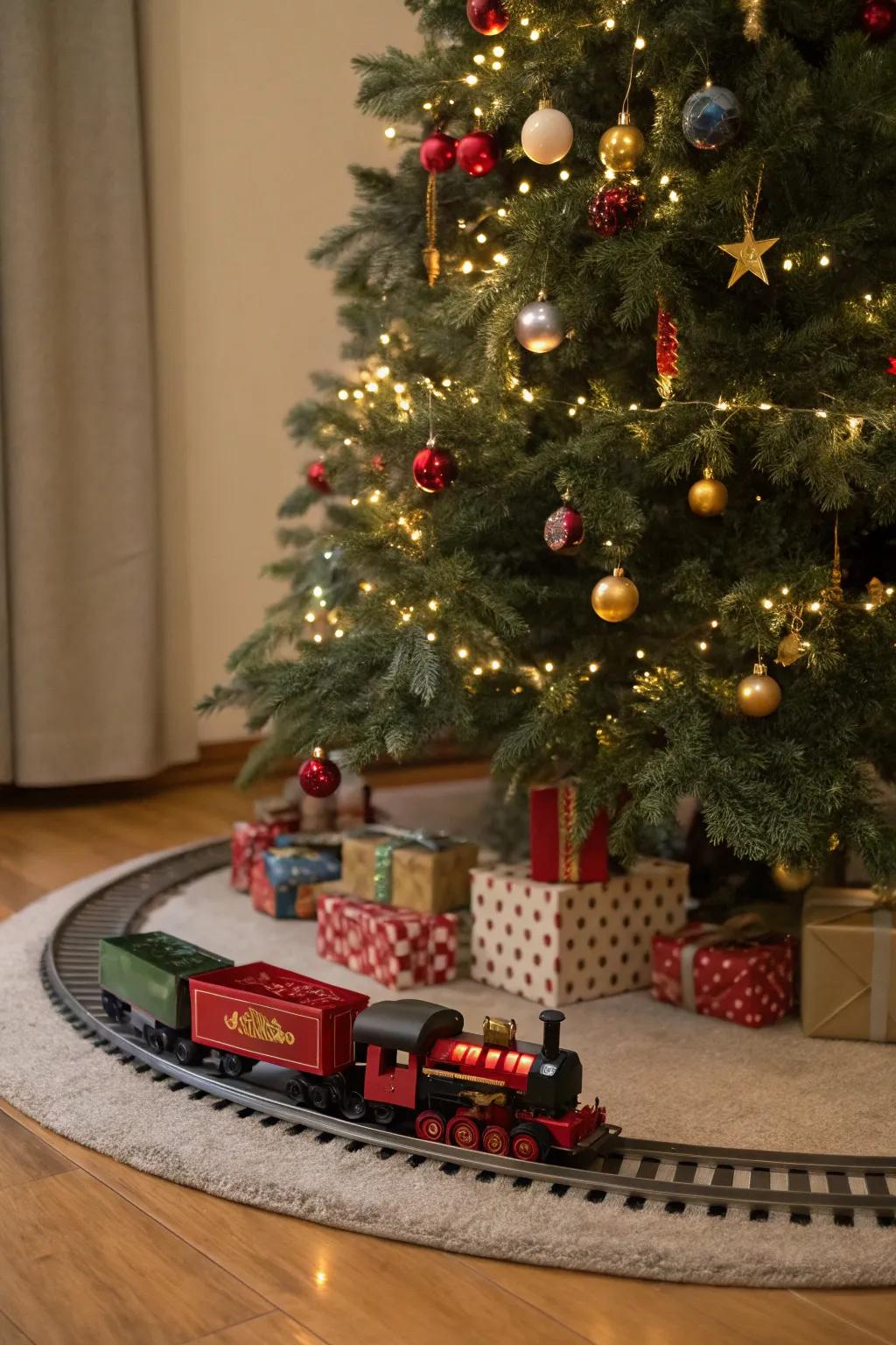 A floating train platform elevates the holiday display.