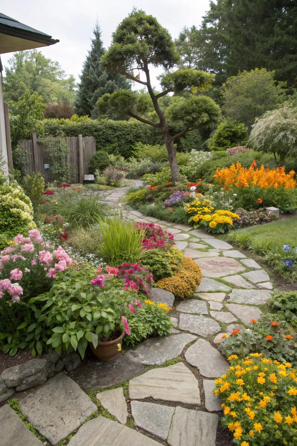 Mixed plantings create a lively and colorful garden space.