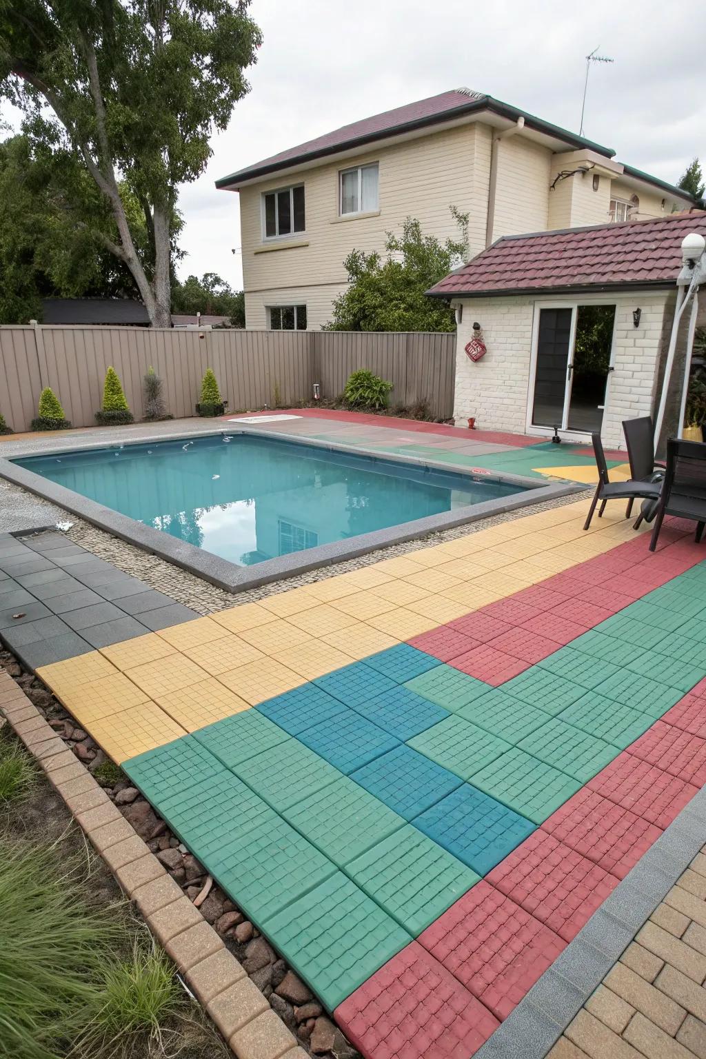Modular tiles offer versatility and slip-resistance to this pool surround.