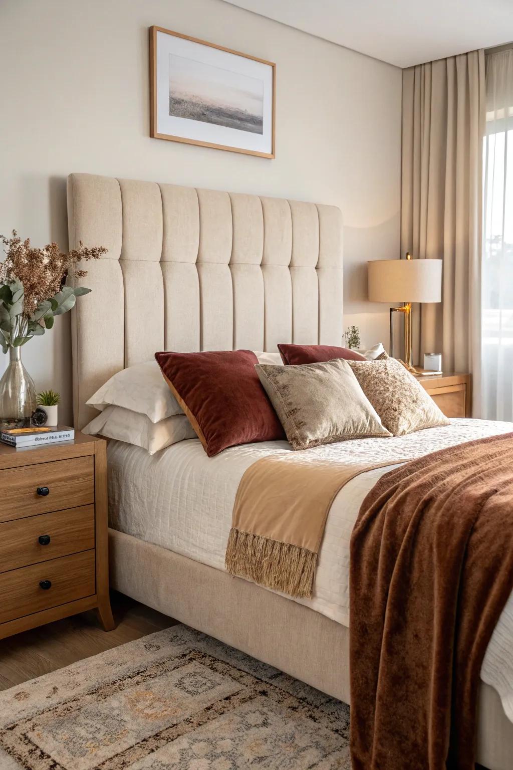 Textural layers enhance the cozy appeal of this beige headboard setup.