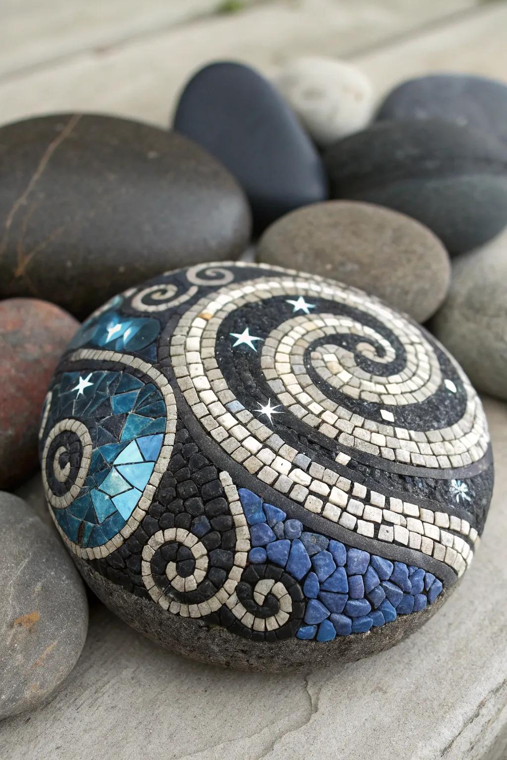 Bring the cosmos to your backyard with a stunning galaxy swirl mosaic design.