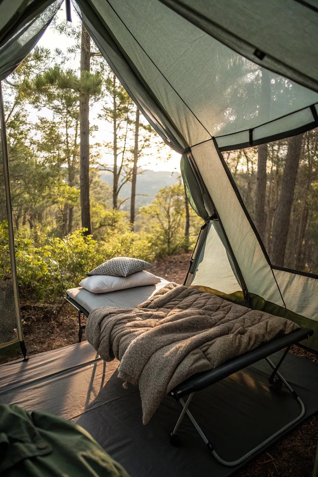 An elevated camping cot, offering comfort and style in the heart of nature.