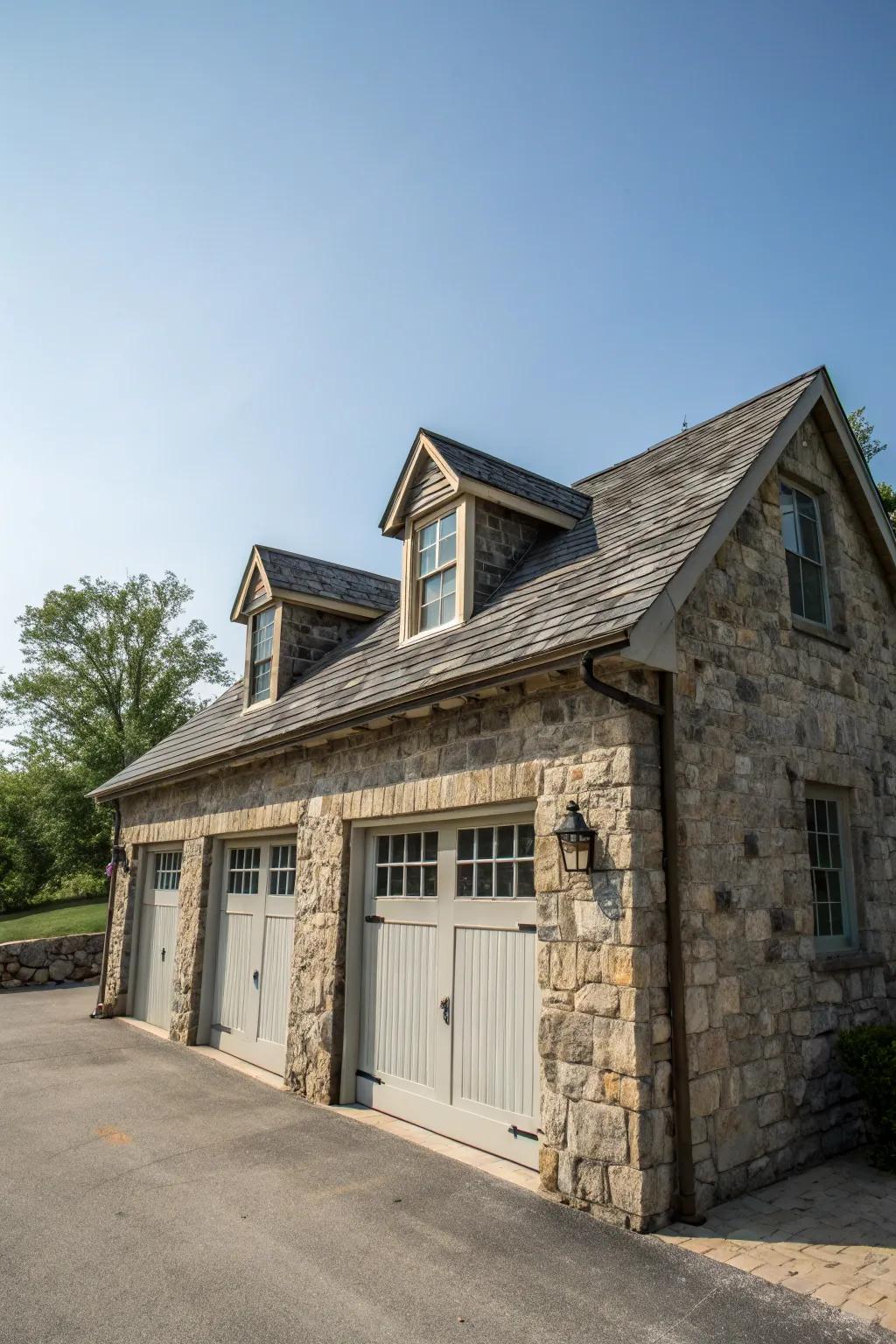 Dormer windows add natural light and charm to a stone garage.
