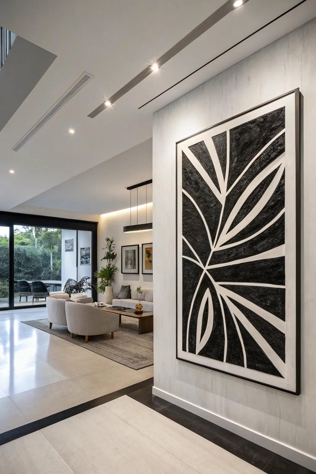 A minimalist black and white painting showcasing the beauty of sharp contrasts.