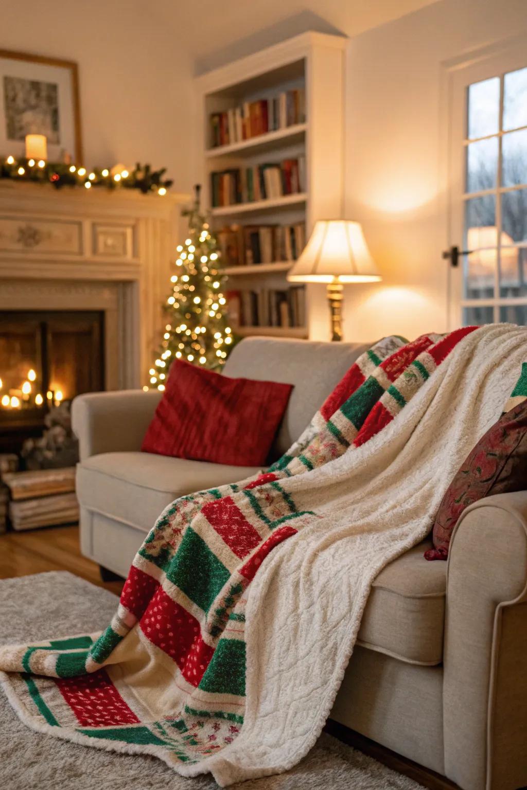 A festive throw blanket adds warmth and style to any living room.
