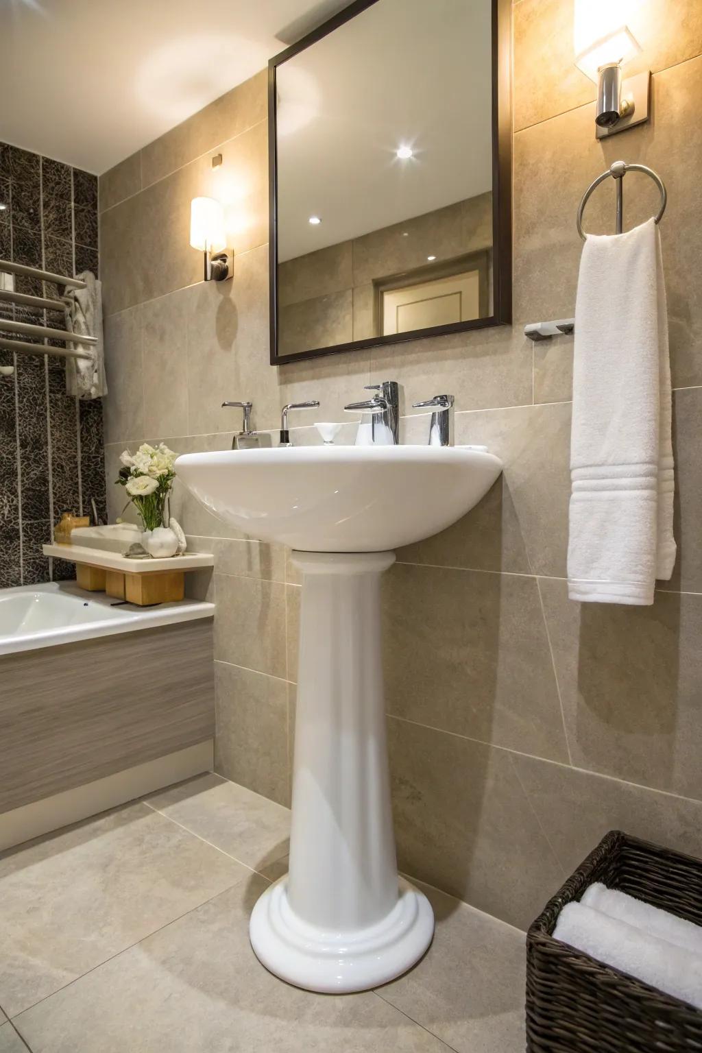 Artistic bathroom with a sculptural pedestal sink.