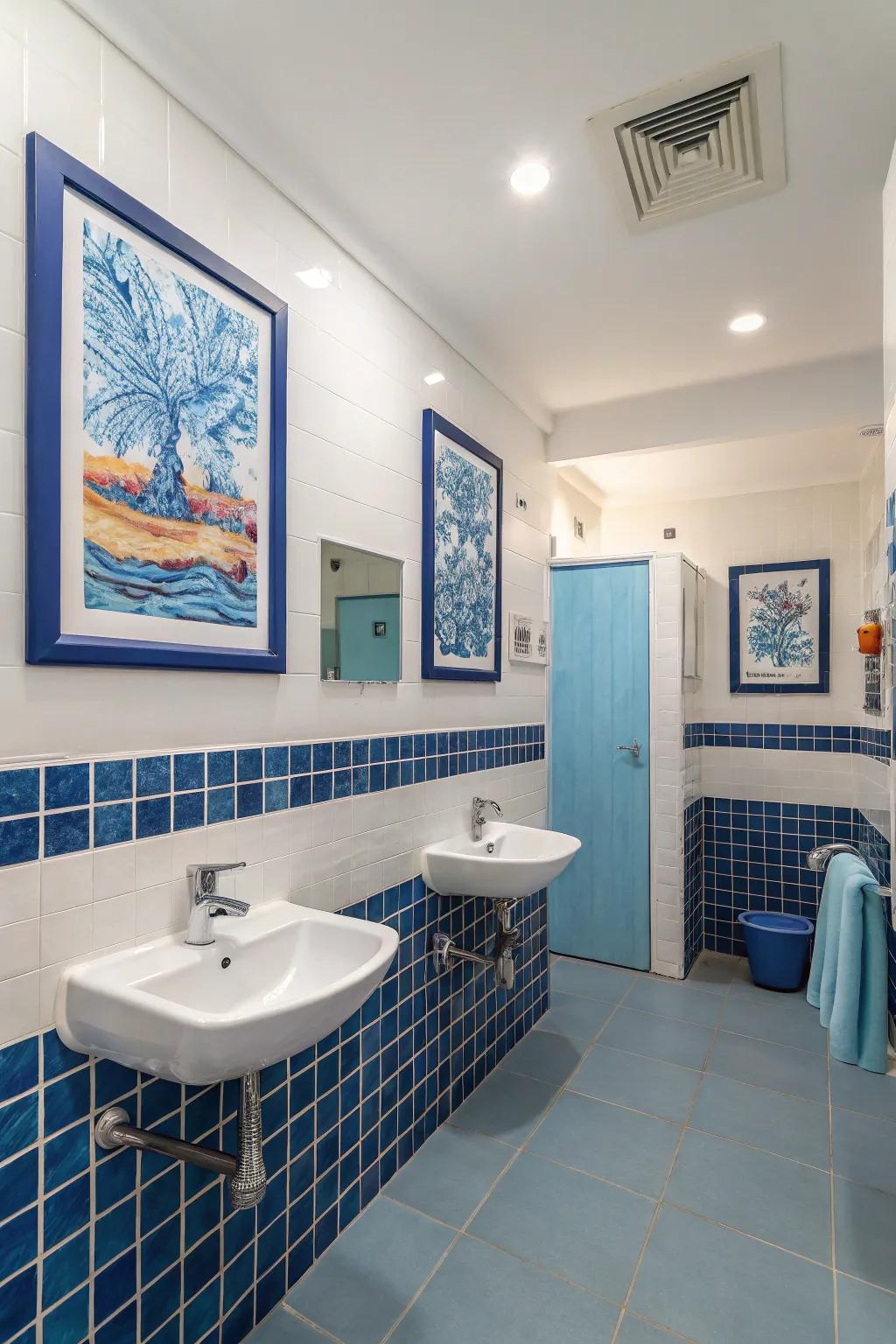 Blue artwork adds style and personality to the space.
